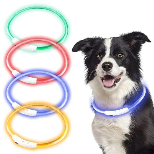 4 Stück USB Leuchthalsband Hund, 3 Blitzmodi Leuchtendes Hundehalsband Wiederaufladbar, Längenverstellbares LED-Halsband Wasserdicht Hohe Sichtbarkeit für Mittlere Hunde (Rosa,Orange,Blau, Grün, M)