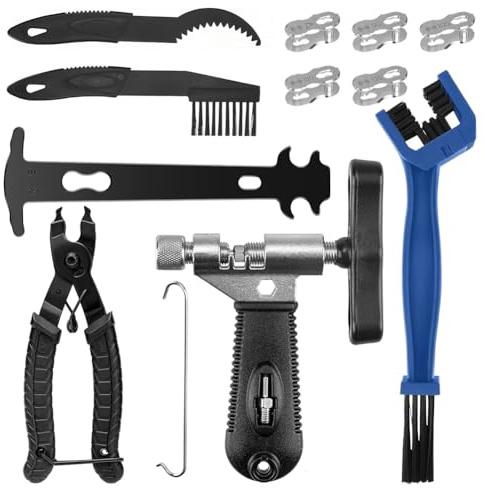 Kit de dérive-chaîne de vélo, outil de chaîne de vélo avec pince à cadenas, brosse de nettoyage, pince à chaîne et 5 paires de rivets de chaîne de vélo Kit de réparation pour chaîne de vélo 6 à 12