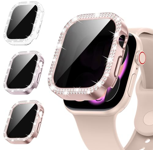 Kamita [3Stück] Diamant Privatsphäre Hülle Kompatibel mit Apple Watch Serie 10 42mm, Glitzer Hart PC Bumper Case mit Hartglas Sichtschutzfolie, Anti-Spy Glitzerhüll für iWatch10 (Klar+Roségold+Rosa)
