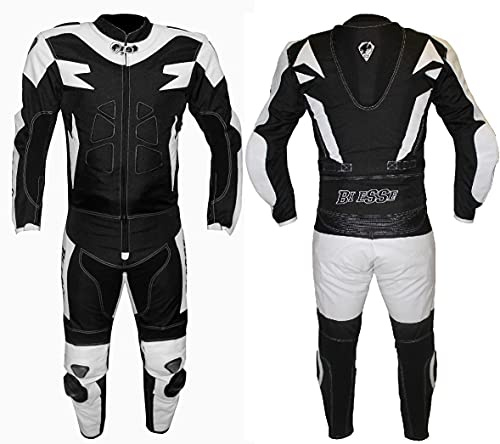 BI ESSE Motorradanzug für Erwachsene, Leder, Textil, 2-teilig, Jacke und Hose, verstellbar, mit CE-Protektoren (Schwarz/Weiß, M)