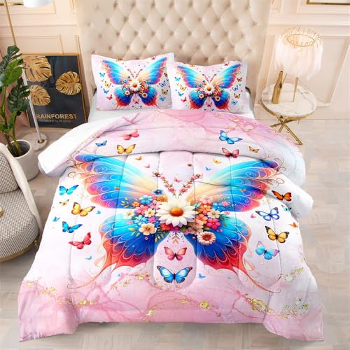 Bettdecke 140X200 Rosa Schmetterling Bettdecken 200Gsm,Dünne Und Leichte Duvet,4 Jahreszeiten Bettdecken,Weiche Mikrofaser Bettdecke Mit 2 Kissenbezüge,Warm Steppbettdecke Für Allergiker