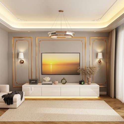 PREMTURE Lowboard，TV-Lowboard 180 cm lang, TV-Schrank, Fernsehtisch mit 4 Schubladen, TV-Schrank 3 Farben Lichtleisten, Modern, Weiß, 180 x 30 x 40 cm, MDF