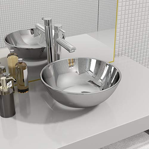 Myheimly Waschbecken mit Abflussloch Waschschale Aufsatzwaschbecken Waschtisch Waschplatz Handwaschbecken Badezimmer Keramik Rund Silber