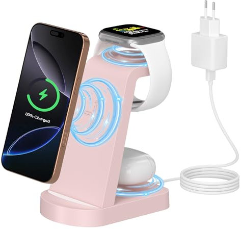 Caricatore Wireless,3 in 1 stazione di ricarica,stazione ricarica caricabatterie wireless compatibile con iPhone 16/15/14/13/12 Pro/Pro Max,Apple Watch Ultra/10/9/8/7/6/5/4/SE AirPods Pro rosa