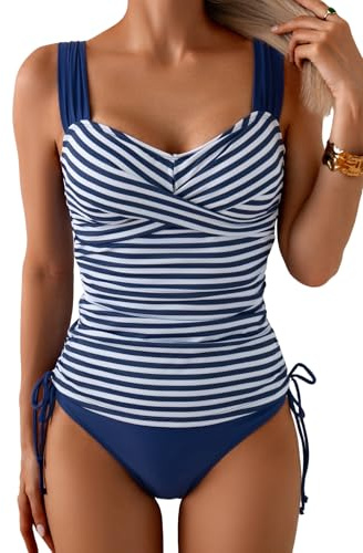 B2prity Tankini-Badeanzüge für Damen, Bauchkontrolle, Zweiteiliger Badeanzug, hohe Taille, Wickel-Badeanzug mit Unterteil, Gestreift, Marineblau, XX-Large