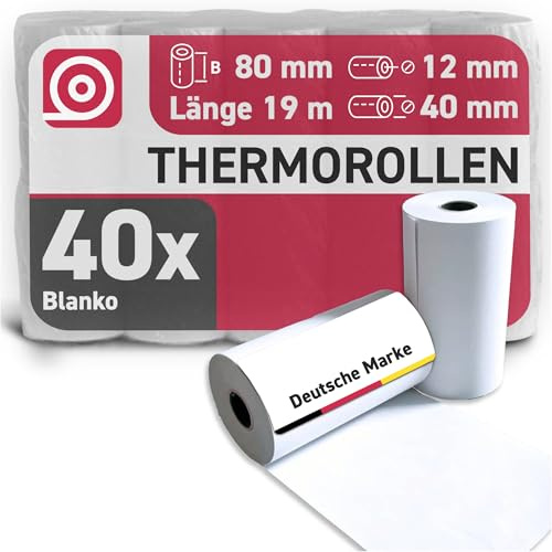 Gebongt24 Thermorollen 80 mm x 19m x 12 mm mit 55g/m² – hochwertige Bonrollen aus BPA-freiem Thermopapier – 40 Kassenrollen mit ⌀ 40 mm – passend für Zebra ZQ320