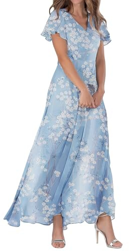Generisch Summer Dress Women's Long Dress Chiffon Floral Pattern Short Sleeve Ruffle V-Neck Fashionable Waist Flowing Dress Dresses Black Maxi Dress Women, blue, S