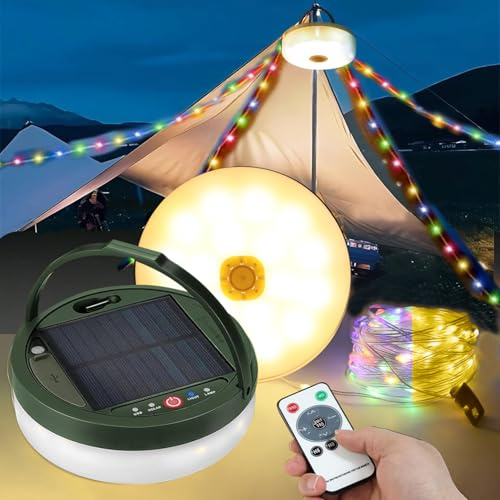 Solarenergie USB 2 in1 Camping Lichterkette Aufrollbar,47 FT 120 leds Wasserdichte Lichterkette, 3600mAh Campinglampe mit Fernbedienung,8 Beleuchtungsmodi, RGB+Warmweiß