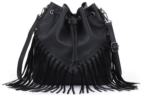 Emprier Fringe Bucket Bags for Women Vegan Faux Suede Leather Western Hobo Purse Crossbody Handbag