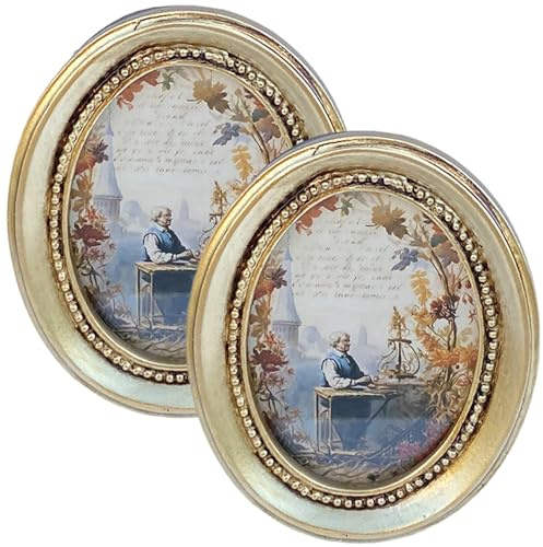 Hintyne Lot de 2 cadres photo ovales en résine dorée style antique petits cadres décoratifs vintage pour présentation de photos pour la maison ou comme cadre photo antique.
