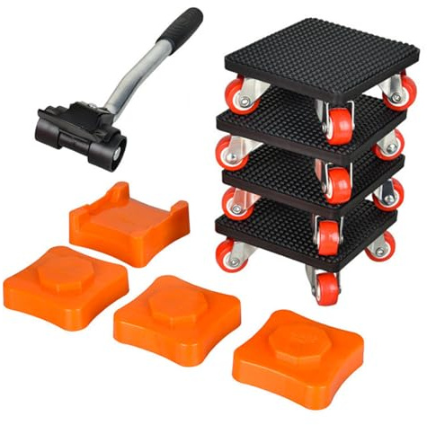 Furniture Moving Wheels, Heavy Duty Furniture Mover Set with Lifter | 360° Rotation Roller Furniture Dolly for Moving Refrigerator Sofa Cabinet Washing Machine (Black + Orange, 10.7 x 10cm)