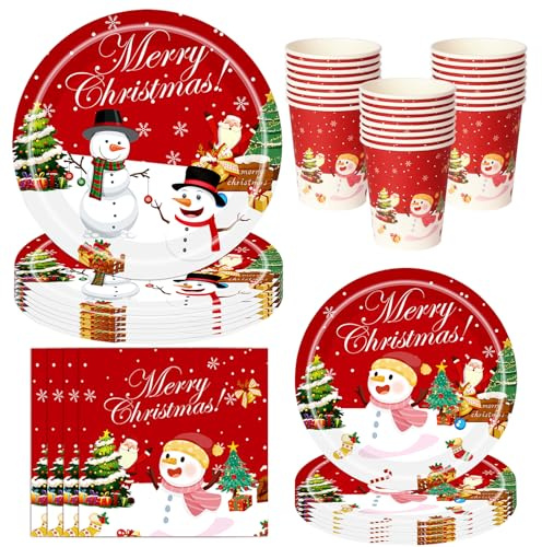 PYAILI Vaisselle Noël, 64 Assiettes en Carton, Vaisselle de Fête de Noël pour 16 Invités avec, Assiettes, Serviettes et Gobelets Pour Anniversaire, Mariage, Jubilé