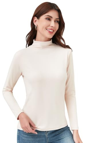 Soudittur Camiseta Térmica Cuello Alto Mujer Manga Larga Invierno Base Layer Top S-XXL (FR/ES, Letras, L, Regular, Regular, Beige)