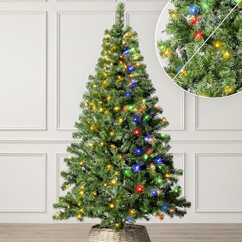 Christow Pre-Lit Aspen Spruce Christmas Tree, Dual-Colour LED Lights, 6ft | Warm White to Multi-Colour LEDs, 11 Light Modes – Colour Changing, PE & PVC Tips, Mains Powered with Timer, Stand Included