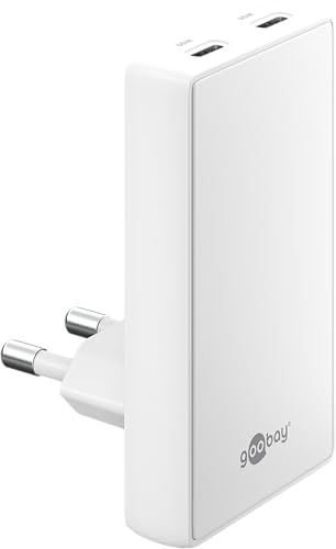 goobay 65W Chargeur Plat GaN USB C, Chargeur Rapide à Double Port (2X USB-C) - Design Plat à 90 °, Ultra-Mince et Peu encombrant, pour Apple, Samsung, Huawei, Ainsi Que pour Les tablettes, etc. Blanc