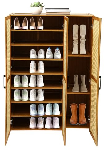 QUIOTUIR Meuble de Rangement à Chaussure 9 Niveaux en Bambou avec 3 Portes Aérées et Compartiment à Bottes 33x89x130cm pour Salons, Chambres à Coucher, Entrées, Couloirs, Bureaux