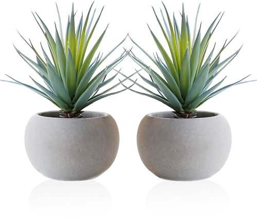 JaHe Artisan Fake Agave Succulent in Cement Pot, 7.87” Potted Small Artificial Agave Faux Realistic Greenery Plant for Home Office Desk Bathroom Livingroom Shelf Decor, Table Centerpieces, Set of 2