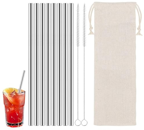 8-Pack Reusable Stainless Steel Straws, 304 Food Grade Metal Drinking Set | Contains 2 brushes and a cotton bag, Mirror Polished Straight Sipping Accessories for 20/30oz Tumblers, Smoothie, Coffee