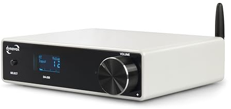 Dynavox DA-200 HiFi-förstärkare, kompakt klass D stereo digital förstärkare med BT 5.0, USB-DAC, optiskt och koaxial, subwoofer out, ädelt aluminiumhölje, perfekt för PC-ljud och musikstreaming, vit