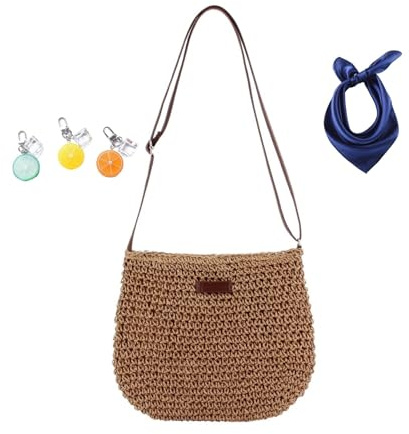 Bolso bandolera tejido pequeño, bolso de playa de paja for mujer, bolso de hombro playero hueco de malla de verano for vacaciones(Brown)