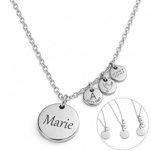 BS Schmuckdesign Namenskette Damen personalisierte Kette mit Gravur – mehrere Anhänger mit Name, Datum, Koordinaten & Symbol, Familienkette Geschenk für Frauen (Silber)