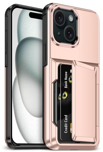 Aolcev for iPhone 15 Case with Card Holder [Max 4 Cards] Rose Gold | Heavy Duty Protective Shockproof,Dual Layer Hard PC Soft TPU Bumper,Hidden Card Slot Wallet Cover for iPhone 15 Phone Case