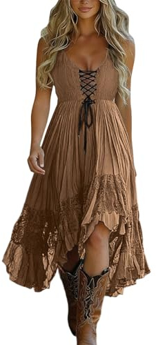 Country Western stil damklänning axelbandsklänning snörning fram spetsklänning bohemisk enfärgad maxiklänningar spagettiremmar ärmlös V-ringad vokuhila klänningar veckad volangklänning