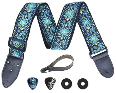 Art Tribute Guitar Strap For Acoustic, Electric and Bass Guitars, Adjustable Padded Leather Ends Guitar Straps For Men and Women, Includes 2 Picks, Strap Locks and Strap Button, Blue