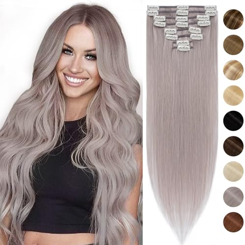 Silk-co Echthaar Clip In Extensions 8 Tressen 18 Clips 75g, Hair Extensions, Remy Echthaar Clip In Extensions Haarverlängerung #Grau 55cm