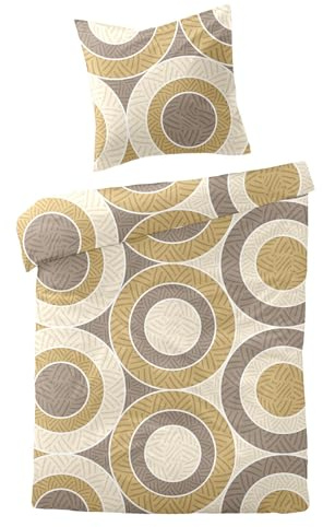 Traumschlaf verzierte Biber Bettwäsche Kreise Gold kuschelig weich aus 100% Baumwolle mit Reißverschluss - Made in Germany 135x200 cm + 80x80 cm