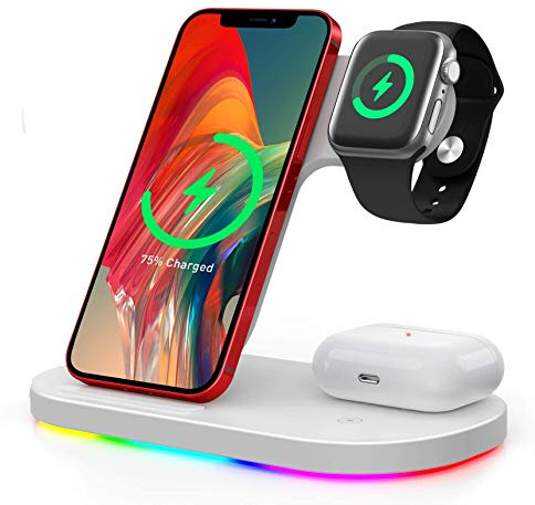 Wireless Charger 3 in 1 Fast Qi Charging Station Dock for Multiple Devices - Apple Watch SE/6/5/4/3/2, iPhone 15/14/13/13 Pro/12/11/XS Max/XR/8, Android Compatible