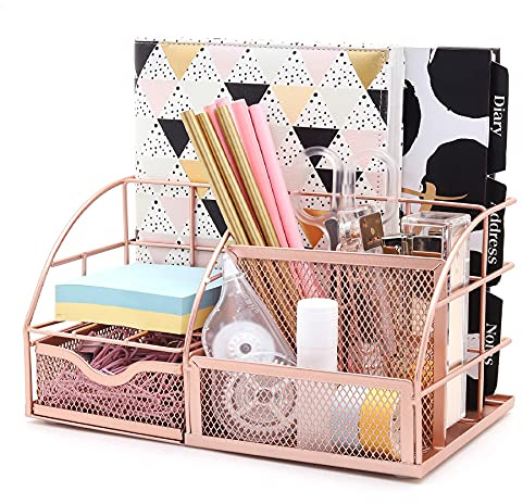 EXERZ Desk Organiser/Mesh Desk Tidy Caddy/Pencil Holder Multifunctional with 7 Compartments - Rose Gold