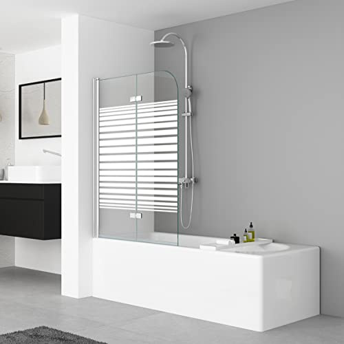 IMPTS 100x140cm Duschwand für Badewanne 2 TLG Badewannenaufsatz | Faltwand Duschtrennwand mit Milchglas Streifen Duschabtrennung 6mm ESG-Sicherheitsglas teilsatiniert, inkl. Nanobeschichtung