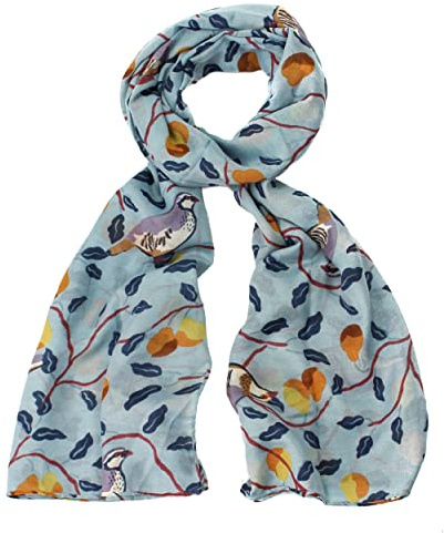 Hazel & Pip Womens Partridge in a Pear Tree Christmas Bird Print Scarf Ladies Scarves Blue