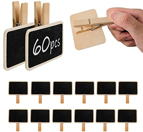 AZKEEGREY 60 Pcs Mini Chalkboards Sign with Clip, Wooden Blackboard Clips | Mini Chalkboard Signs with Peg, Chalk Board Clips for Food Label, Price Signs, Message Board, Party Decor