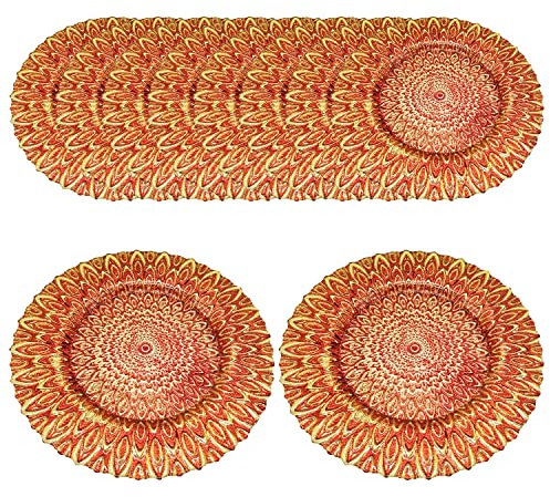 WedDecor Set di 12 sottopiatti rotondi da 33 cm, per centrotavola, presentazioni, matrimoni, banchetti, feste di Natale, decorazioni da tavola, motivo pavone rosso