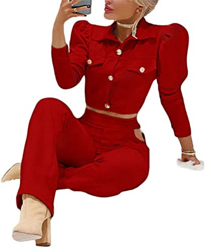 ORANDESIGNE Damen Hosenanzüge Elegant Business Anzug Set Hosenanzug Blazer Hose 2-teilig Anzug Zweiteiler Set Slimfit Streetwear Damenanzug Mode Arbeitsanzug 2 Stück Set B Rot L