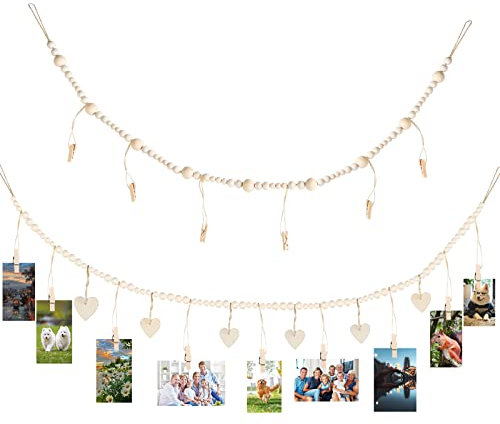 Encuryna 2 Stück Fotoseil mit Holzklammern, DIY Bilderrahmen Wanddekoration, 250 cm Perlen & Herz Fotoleine mit Holzklammern, Zum Aufhängen Von Fotopostkarten Bilderrahmen