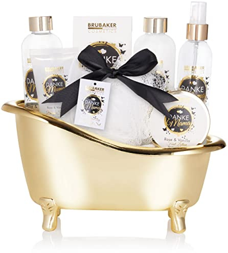 BRUBAKER Cosmetics - Danke Mama (Thank you Mum) - 8-piece Luxury Bath and Shower Set with Rose Vanilla Scent - Gift Set in Decorative Tub - Bath Set Gift for Mother - Gold White
