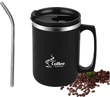 Lcxecnw 15 OZ Coffee Mug With Handle,Double Wall Vacuum Travel Mug,Coffee Mug With Flip lid and Straw,Reusable stainless steel mug,for Home,Office,Travel,Camping,Outdoor(Black)