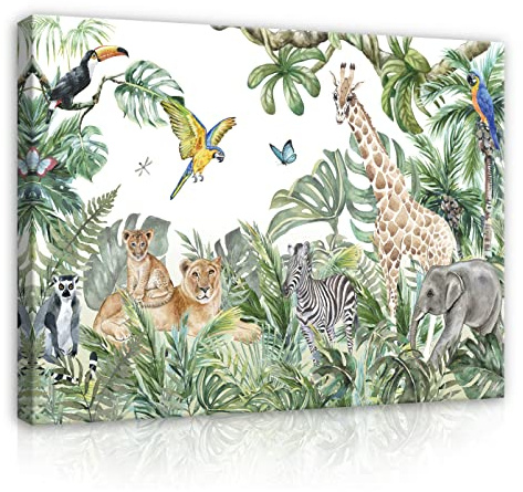 WallArena - Leinwand Bilder - Kinderzimmer Tiere Dschungel Wald Kinder - 60x40 cm Leinwandbilder - Bild auf leinwand - Wandbild XXL groß Wandbilder für Wohnzimmer Schlafzimmer Wohnzimmerbilder Modern
