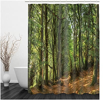 Whoiy Duschvorhang 120X180 Wald, Duschvorhang Eckbadewanne Polyester Badegardinen Tiefer Bergwald Grün Braun für Outdoor Hotel