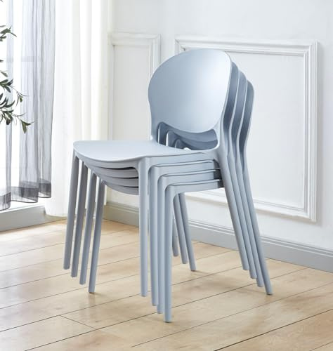 Hallowood Furniture Stoker Plastic Stackable Dining Chairs Set of 4, Grey | Four Modern Sturdy Light Grey Plastic Stacking Chairs with Cutaway Backrest for Kitchen Home, Offices, Restaurants & Cafes