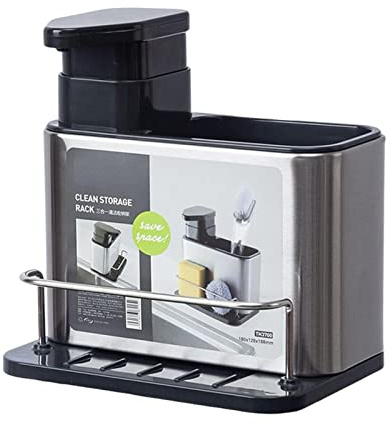 Xistuoz Organisateur pour évier de cuisine avec distributeur de savon intégré et support pour éponge, acier inoxydable