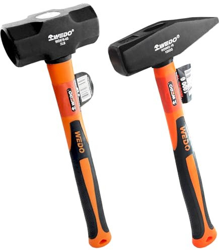 WEDO 1,4 kg Vorschlaghammer und 0,9 kg Kreuzhammer-Kombination, 2-teiliges Hammer-Set mit Fiberglas-Griff, Hartstahl-Hammer, stoßfest, rutschfester Griff, gesenkgeschmiedet, starkes Drehmoment