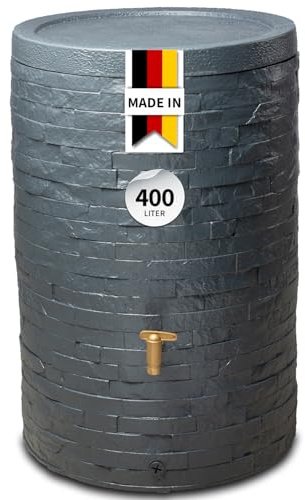 4rain ARONDO Recuperateur d Eau de Pluie 400L Graphit – Cuve à Eau Robuste avec Couvercle + Robinet PE Aspect Laiton – Réservoir de récupération pour Jardin, terrasse, extérieur