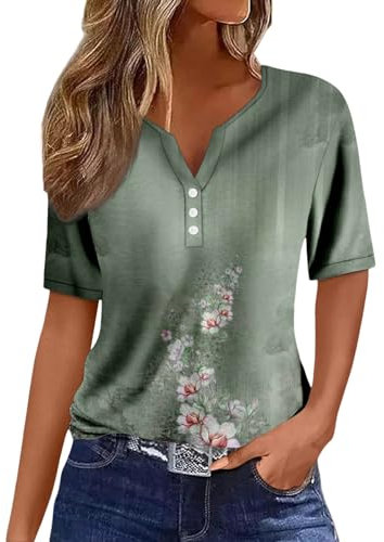 Damen T Shirt V Ausschnitt Knopfleiste Oberteile Sommer Bluse Elegant Kurzarm Tshirt mit Blumen Gedruckt Tunika Top Lässige Lockere Stylische Sexy Shirts Blusen Tuniken für Frauen