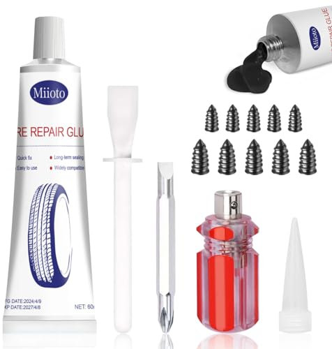 Miioto Colla Riparazione Pneumatici, Mastice per Riparazione Pneumatici, Viene Fornito con 10 Chiodi per Riparare Pneumatici per Riparare Rapidamente Buchi e Crepe nei Pneumatici Dell'auto - 50ml