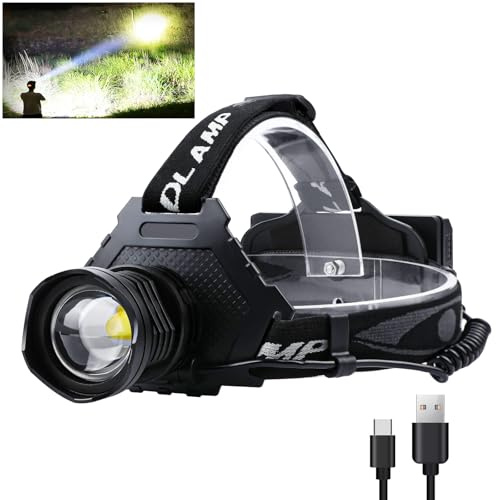 SIDARK Stirnlampe LED Wiederaufladbar 100000 Hohe Lumen, Superhelle 9000mAh Akku Kopflampe mit 5 Lichtmodi & IPX7 Wasserdicht & Zoombar, 90° Einstellbar Stirnlampen für Camping, Angeln, Notfälle