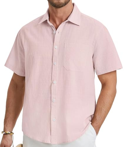 HISDERN Chemise Homme Manches Courtes Été Coton Lin Chemises Casual Couleur Unie Chemise avec Poche Rose L